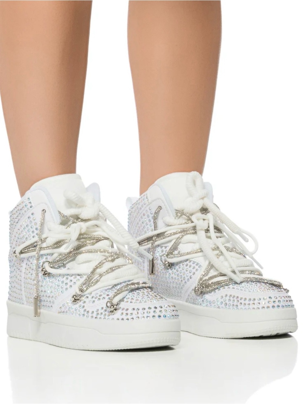 Azalea Wang White Rhinestone High-Top Sneakers - Women's Fashion Sneakers